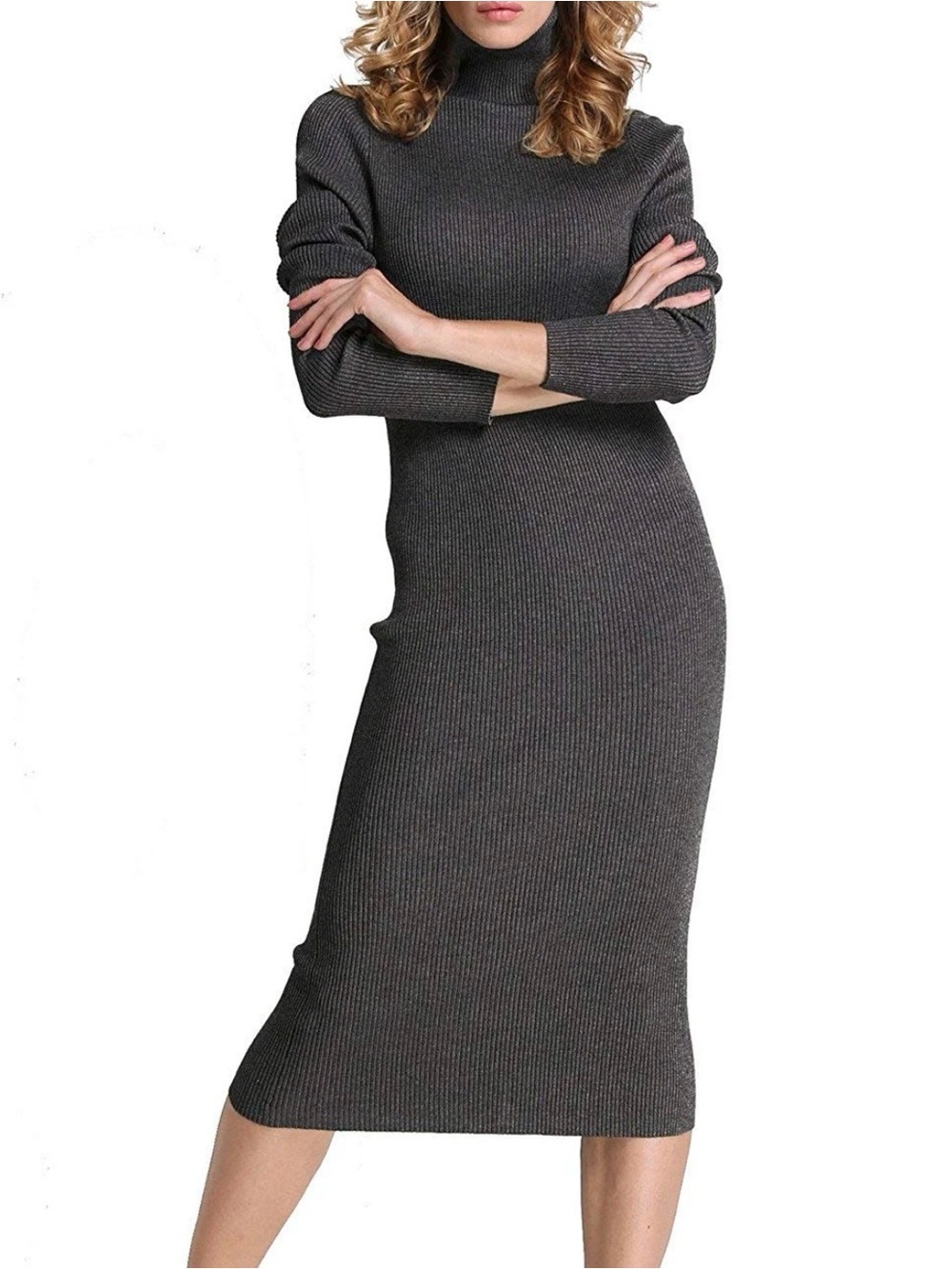 Rocorose Long Sleeve Turtleneck Ribbed Knit Bodycon Midi Dress - Charcoal Size L